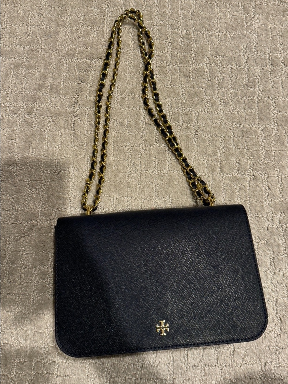 Tory Burch Navy Blue Leather Crossbody with Gold Chain